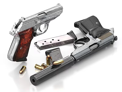 Two Silver And Black Handguns With Magazines And Bullets On White Background 3d model