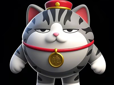 Cute Cartoon Gray Cat With Black Stripes Red Hat And Golden Fu Pendant 3d model