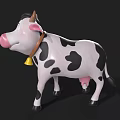 Cute 3D Cartoon Cow Character With Pink Nose Black Spots And Bell Collar