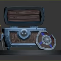 Open Treasure Chest Display With Gold Coins Sword And Shield On Hexagonal Stone Pedestal