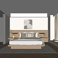 Hotel Room Modern Minimalist Interior With Wooden Bed Wall Artwork And Large Window Overlooking Greenery