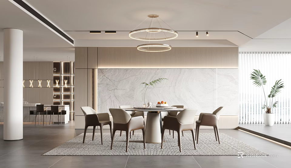 Modern Restaurant Interior With Round Dining Table Circular Pendant Lights And Marble Wall 3d model