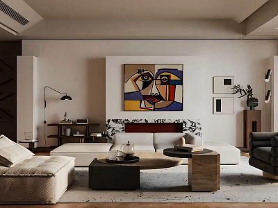 Modern Living Room Interior With Light Sofa Wooden Coffee Table Abstract Wall Art And Area Rug 3d model