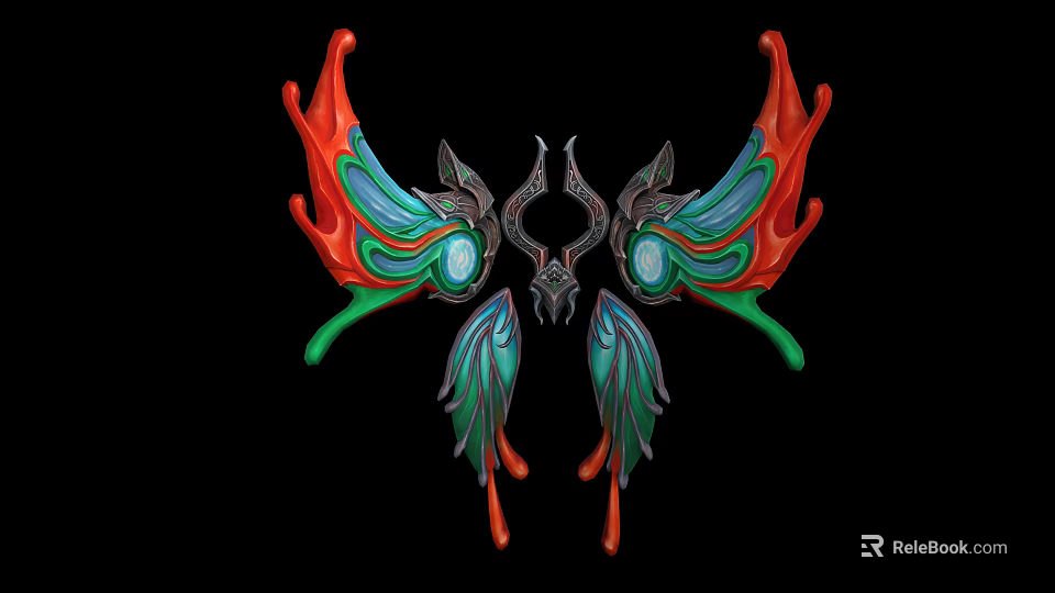 Colorful Symmetric Decorative Design With Wing Shaped Feathers And Vibrant Red Green Blue Gemstone Eyes 3d model 