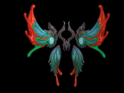 Colorful Symmetric Decorative Design With Wing Shaped Feathers And Vibrant Red Green Blue Gemstone Eyes 3d model