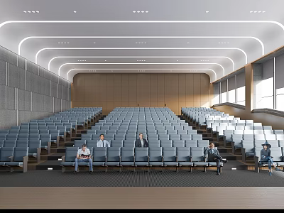 Modern Large Conference Room With Stadium Style Blue Seats People Windows And Ceiling Lighting 3d model