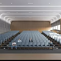 Modern Large Conference Room With Stadium Style Blue Seats People Windows And Ceiling Lighting