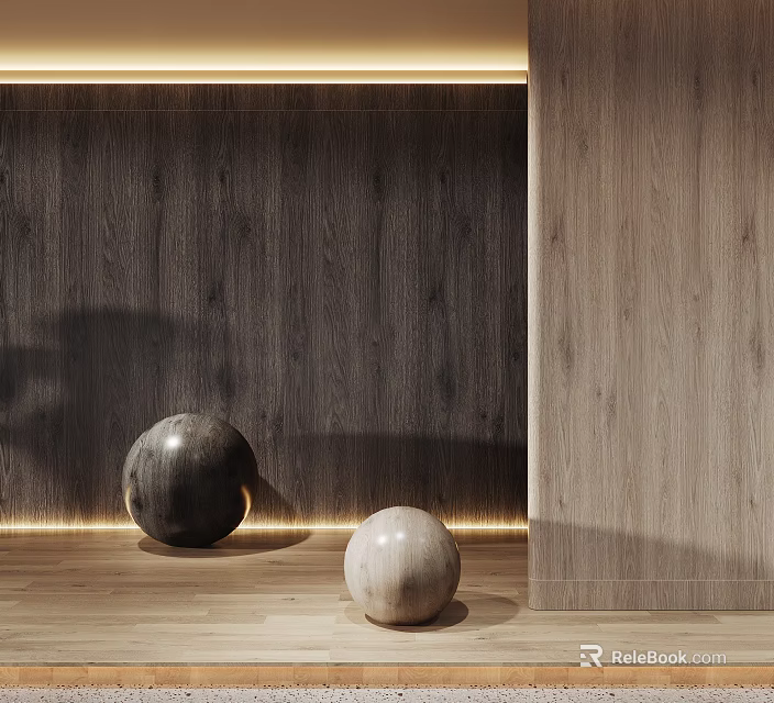 Two Decorative Spheres On Wooden Floor With Textured Wall And Warm Lighting 3d model 