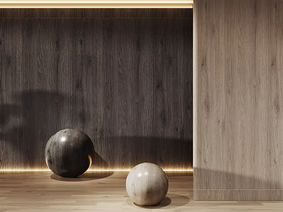 Two Decorative Spheres On Wooden Floor With Textured Wall And Warm Lighting 3d model