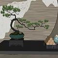 Traditional Bonsai Plant Display on Black Shelf with Wooden Logs and Decorative Vases