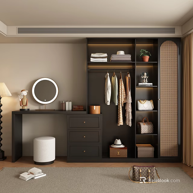 Modern Dark Wardrobe with Hanging Clothes Storage Boxes Rattan Doors and Dressing Table Mirror 3d model 