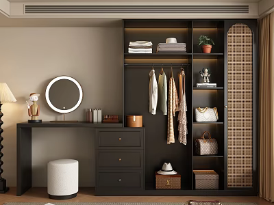 Modern Dark Wardrobe with Hanging Clothes Storage Boxes Rattan Doors and Dressing Table Mirror 3d model