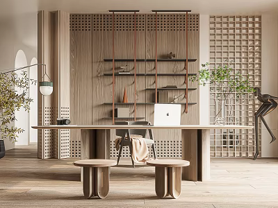Modern Study Room With Wooden Wall Floating Shelves Long Desk Laptop Small Stools And Green Plant 3d model