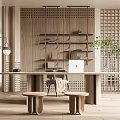 Modern Study Room With Wooden Wall Floating Shelves Long Desk Laptop Small Stools And Green Plant
