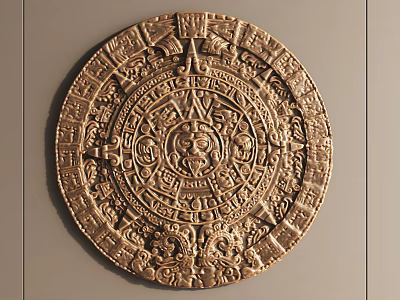 Intricate Circular Aztec Inspired Relief Sculpture With Detailed Patterns And Symbols For Wall Decoration 3d model