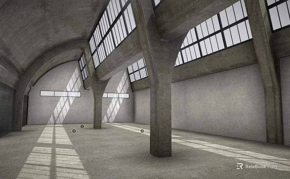 Industrial Factory Spacious Interior With Arched Ceiling Large Windows Sunlight Streaming And Concrete Columns 3d model