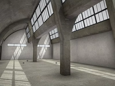 Industrial Factory Spacious Interior With Arched Ceiling Large Windows Sunlight Streaming And Concrete Columns 3d model
