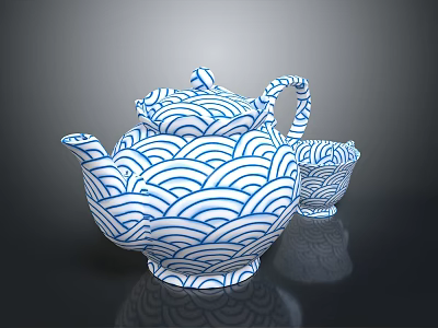 Traditional Teapot And Teacup With Blue White Wave Pattern Design 3d model