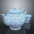 Traditional Teapot And Teacup With Blue White Wave Pattern Design