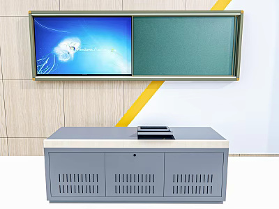 Office Desk With Display Screen Green Blackboard Light Wooden Wall And Yellow Stripe 3d model