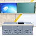 Office Desk With Display Screen Green Blackboard Light Wooden Wall And Yellow Stripe