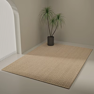 Natural Woven Square Rug in Modern Room Corner With Potted Plant Interior Design 3d model