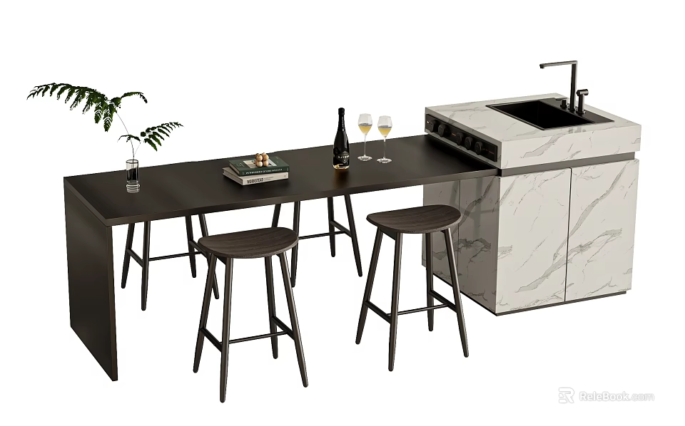 Modern Bar Counter With Black Top Bar Stools Green Plant Wine Glasses White Marble Cabinet 3d model 