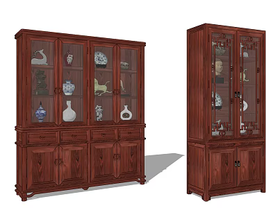 Traditional Solid Wood Bookcase With Glass Doors And Decorative Items Inside 3d model