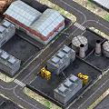 Cartoon Scene 3D Model Town Layout With Rocky Borders Roads And Buildings