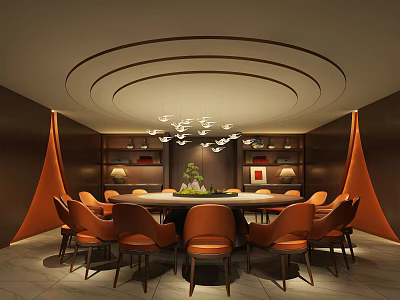 Elegant Private Room Interior With Circular Ceiling Chandelier Round Table And Orange Chairs 3d model
