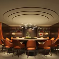 Elegant Private Room Interior With Circular Ceiling Chandelier Round Table And Orange Chairs