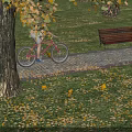 Tranquil Autumn Garden Scenery With Tree Bench Fallen Leaves And Paved Path On Grass