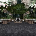Elegant Private Dining Room Interior With Lush Greenery Hanging Pendant Lights And Wooden Tables