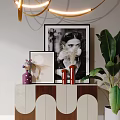 Stylish Entryway Console Cabinet With Wooden White Panels Decorative Vases Framed Pictures And Potted Plant