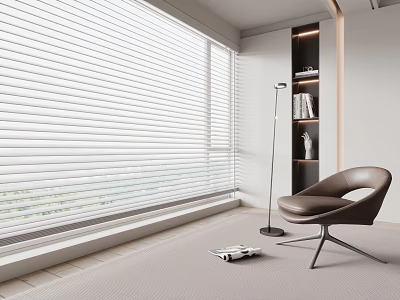Modern Living Room Interior With Large Window Venetian Blinds Leather Chair Floor Lamp And Bookshelf 3d model