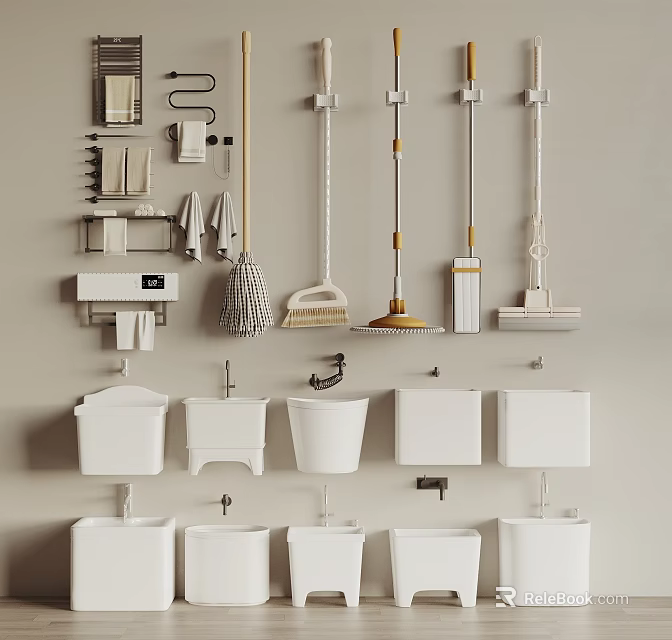 Wall Mounted Cleaning Tools Bathroom Accessories With Mops Brooms Buckets And Sinks 3d model 