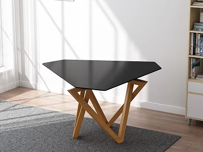 Modern Coffee Table With Black Top And Wooden Cross Legs On Gray Living Room Rug 3d model