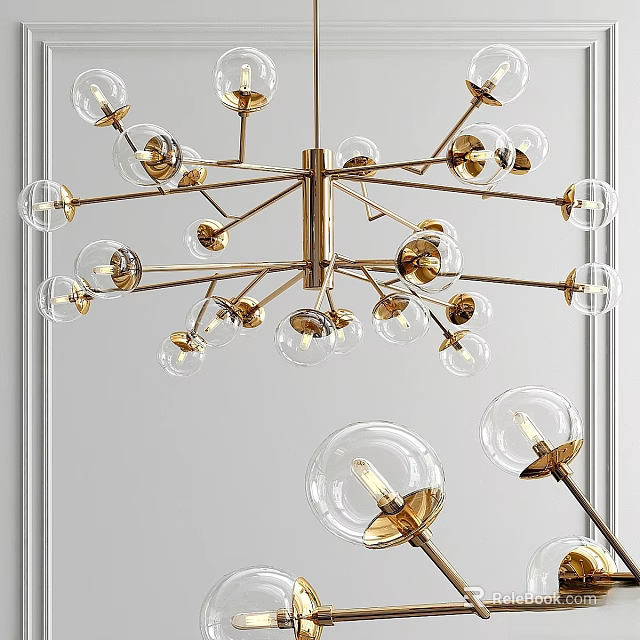 Elegant Modern Chandelier With Golden Metal Frame Transparent Glass Globes And Bulbs 3d model 