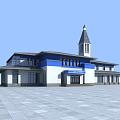 Modern Blue And White Building With Spire Tower Glass Windows And Plaza