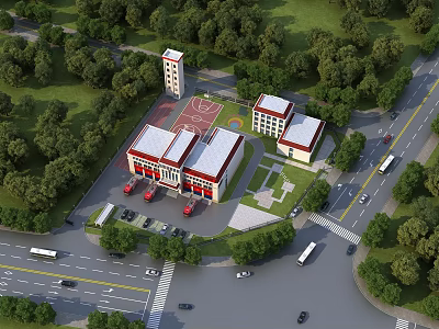 Aerial View Planning of Modern Buildings With Greenery Roads and Basketball Court 3d model