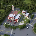 Aerial View Planning of Modern Buildings With Greenery Roads and Basketball Court