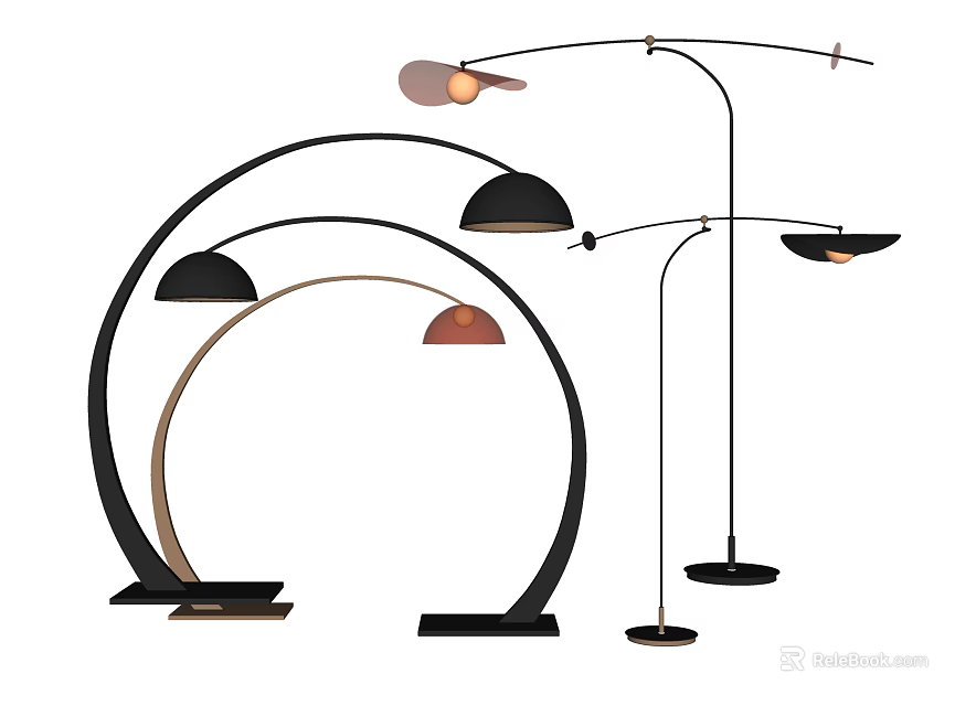 Modern Floor Lamp Designs With Curved Stands And Various Colored Shades 3d model 