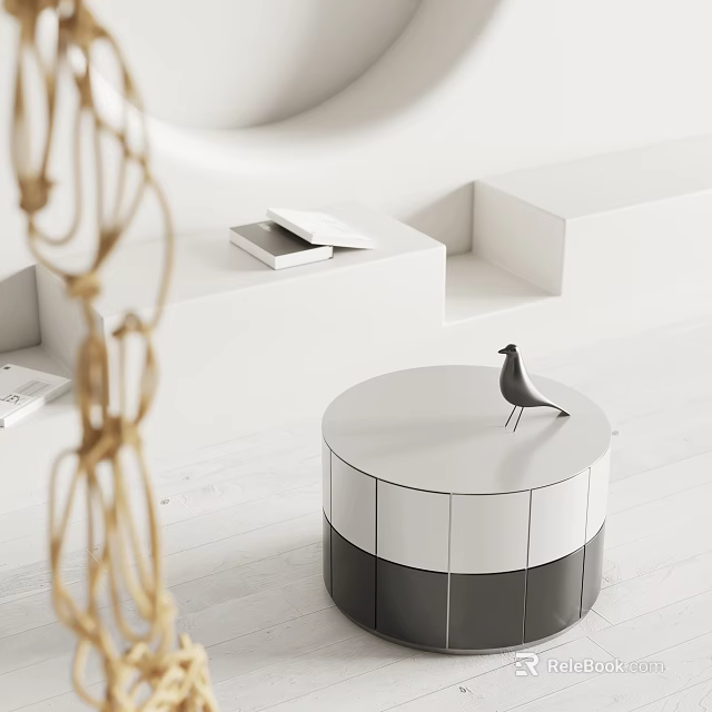 Modern Round Side Table With White And Gray Layered Design And Bird Decor On Top 3d model 
