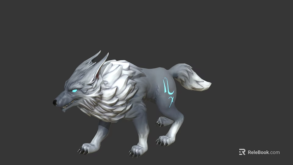 Mythical Gray White Wolf 3D Model With Blue Glowing Eyes And Rune Mark 3d model 
