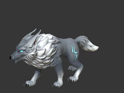 Mythical Gray White Wolf 3D Model With Blue Glowing Eyes And Rune Mark 3d model
