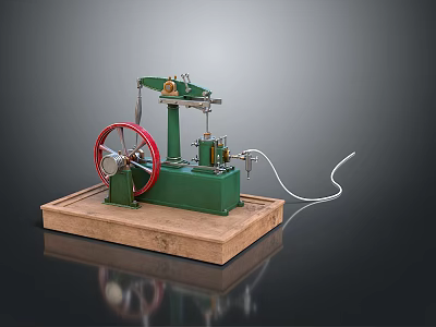 Mechanical Model of Spacecraft Propulsion Mechanism With Green Body Red Wheel and Wooden Base 3d model