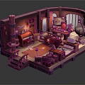 Cartoon Room Scene With Purple Pink Interior Vintage Piano Wooden Desk And Cozy Sofa