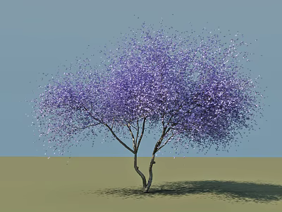Purple Flowering Tree with Double Trunk Against Blue Sky and Green Ground 3d model