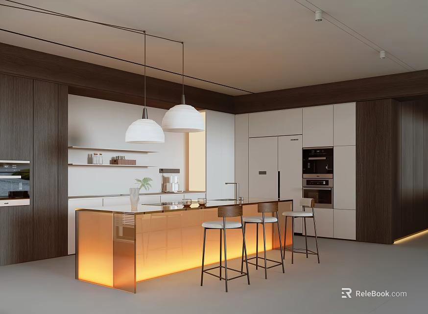 Modern Open Kitchen Interior With Island Counter Hanging Pendant Lights And Bar Stools 3d model 