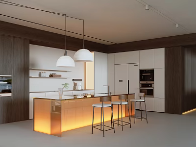 Modern Open Kitchen Interior With Island Counter Hanging Pendant Lights And Bar Stools 3d model